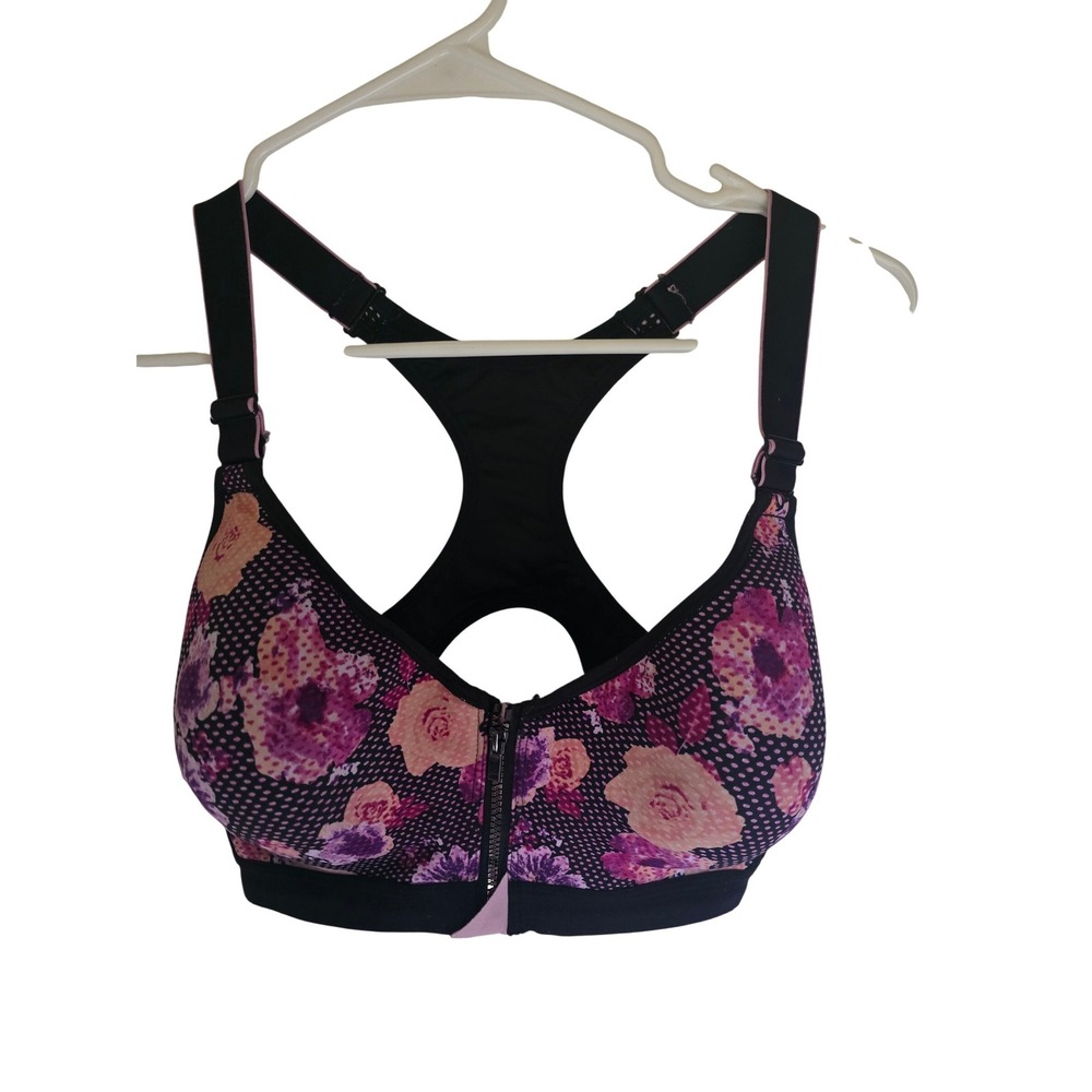 Maidenform Sport Zip Front Sports Bra 36D Floral Polka Dot Mesh Underwired Black